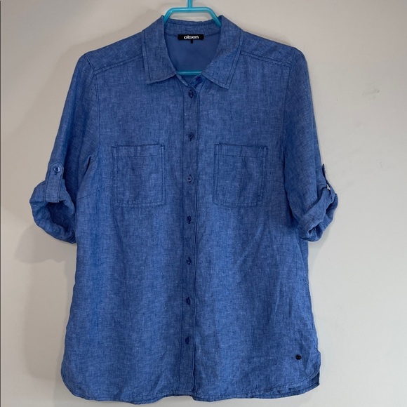 Olsen Linen Tab Sleeve Collared Button Up Ocean Breeze Blue Coastal Size S-M 8 - Picture 2 of 12